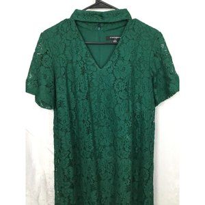 Sharagano High Neck Open V Front Short Sleeve Dress Green Lace Size 10